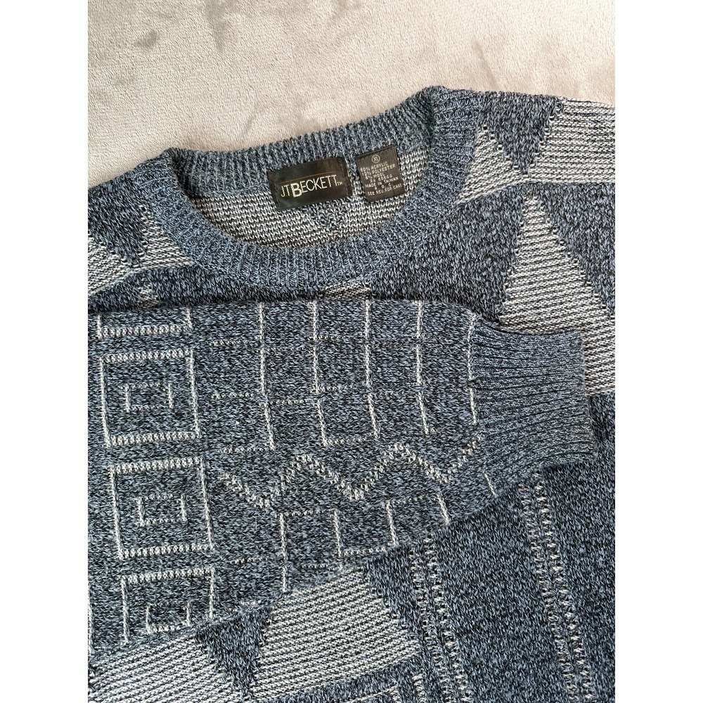 Vintage JT Beckett Sweater Mens XL Blue Geometric Knit Crewneck Pullover 90s‎